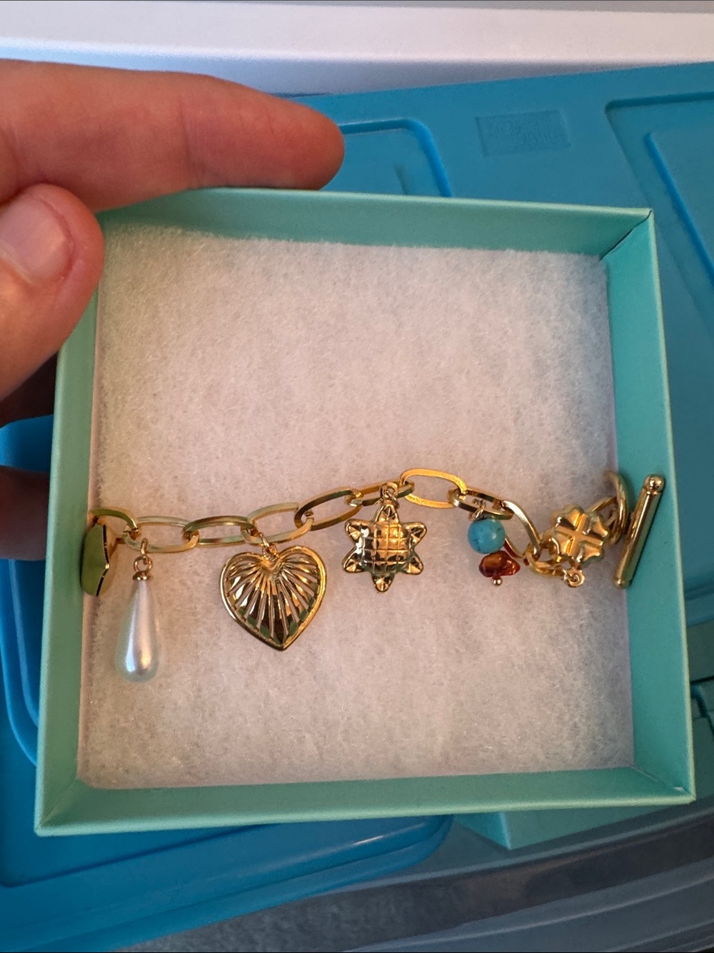bloom Gold Beaded Charm Bracelet Turquoise heart turtle shell starfish flower